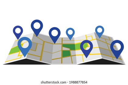 Paper map with some location icons hovering above it