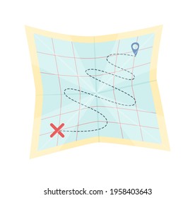 Mapa de papel con ruta turística aislado en fondo blanco