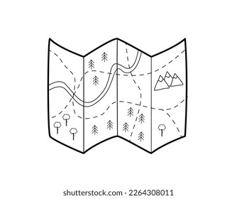 Paper map for tourists, hiking and traveling.  The route on the map for tourists, camping. Vector doodle illustration.