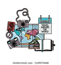 paper map with travel around world icons