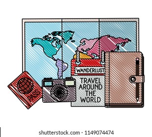 paper map with travel around world icons