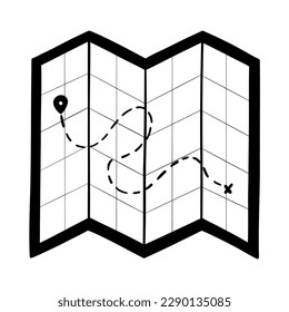 Paper map. Travel assistant. Studying the route. Vector illustration in doodle style.