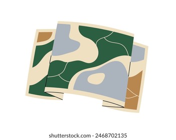 Paper map for travel and navigation. Guide for journey and trip. Abstract region with land, roads and water. Hiking touristic navigator. Flat vector illustration isolated on white background