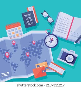paper map and travel set icons