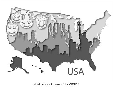 Paper map of USA with different leyers