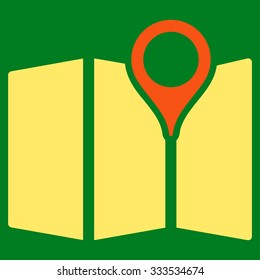 Paper Map vector icon. Style is bicolor flat symbol, orange and yellow colors, rounded angles, green background.