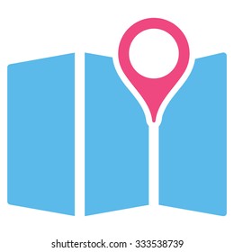 Paper Map vector icon. Style is bicolor flat symbol, pink and blue colors, rounded angles, white background.