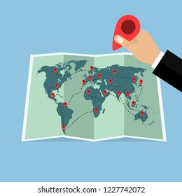 Mapa de papel del mundo con pines y mano con alfiler. Viajes. Ilustración vectorial. Diseño plano para marketing financiero de negocios publicidad web concepto caricatura ilustración.