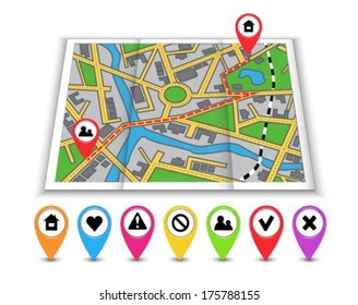 Paper maps, navigation icons and the distance marked in red