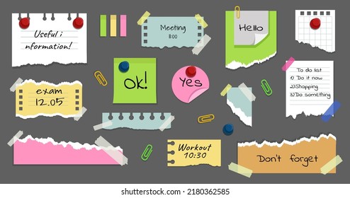 Paper Memo Stickers. Sticky Note Pad Banner, Board With Pin And Stationery Clips, Office Stick Notice, Clip Reminder. To Do And Notice List, Reminders With Torn Edge Vector Isolated Design