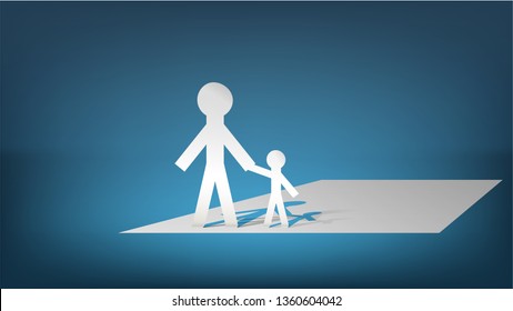 Paper men stand on a sheet of paper: big and little. Concept: parent and child, help children
