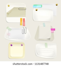 Paper message notes vector illustration of memo stickers and reminders with clips, pins and thumbtacks on bulletin board. Realistic isolated set office task reminders