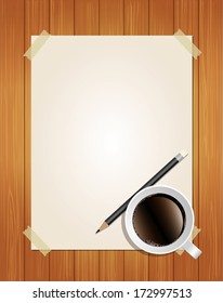 Paper message with pencil and coffee on wood background 