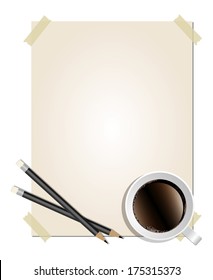 Paper message with pencil and coffee on white background 