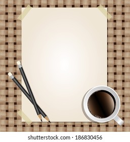 Paper message with pencil and coffee on wood background 