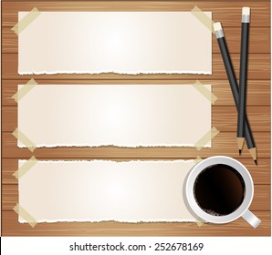 Paper message with pencil and coffee on wood background 