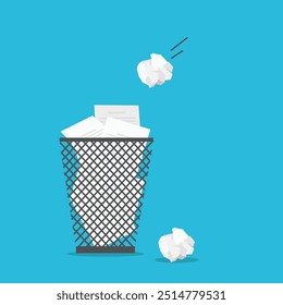 Papel na cesta de metal. Papel amassado jogado na lata de lixo. Transbordando resíduos de papel no caixote do lixo do escritório. Lixo, papel no lixo. Ilustração vetorial