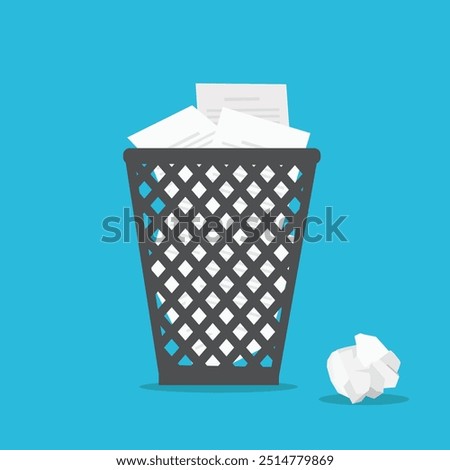 Paper in metal basket bin. Crumpled paper thrown in trash can. Overflowing waste paper in office garbage bin. Junk, wastepaper in rubbish. Vector illustration