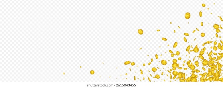 Paper Metal Confetti Vector Transparent Panoramic Background. Golden Money Flow Brochure. Shiny Dollar Certificate. Monetary Coin Flyer.