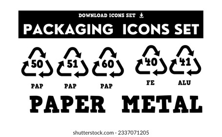 Paper and Metal Packaging Icon symbol set. Package logo sign collection. GHS pictograms. Recycling codes. 
