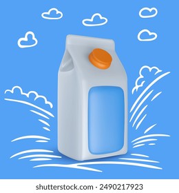 Paper milk package in realistic 3d style with hand drawn silhouette landscape. Minimalistic modern collage. Vector illustration.