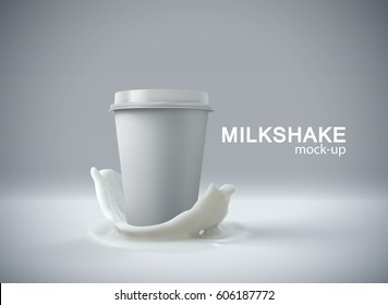 Tubo de batido de papel con salpicadura de corona de leche. Ilustración de alimento en 3d vectorial. Modelación del paquete de la copa Milkshake para el diseño de afiches publicitarios.