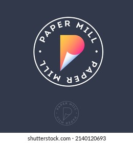 Paper Mill Emblem.  Paper Factory Logo. P Monogram Like Roll Of Paper Into Circle. 