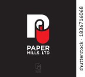 Paper Mills logo. P monogram like paper roll. Envelope, letterhead, letter, and business card. Branding of business papers.
