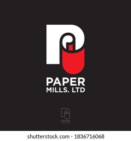 Paper Mills logo. P monogram like paper roll. Envelope, letterhead, letter, and business card. Branding of business papers.