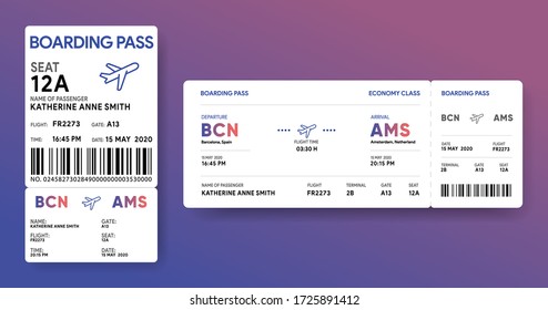 Paper And Mobile Boarding Pass. Responsive Design Of Air Ticket. Airline Data Card Mockup. Flight Check-in Document Template. Vector Illustration.