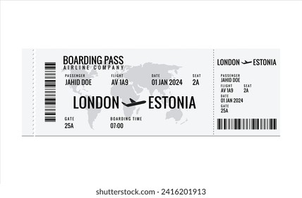 Paper and mobile boarding pass. Responsive design of air ticket. Airline data card mockup