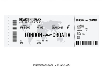 Paper and mobile boarding pass. Responsive design of air ticket. Airline data card mockup