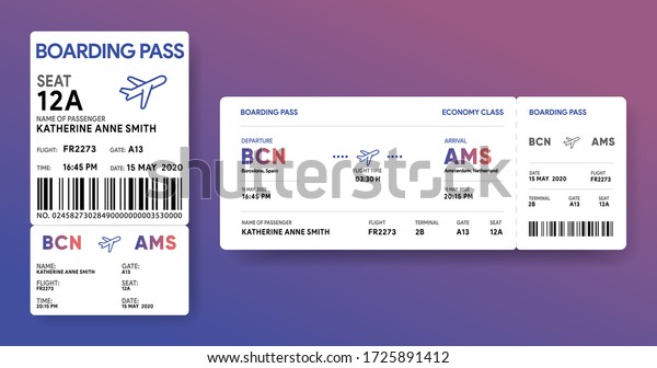 Paper and mobile boarding pass. Responsive\
design of air ticket. Airline data card mockup. Flight check-in\
document template. Vector\
illustration.