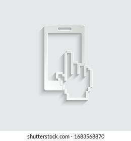 Paper Mobile phone icon. Mobile phone with pixel finger icon. Mouse click  vector icon. 