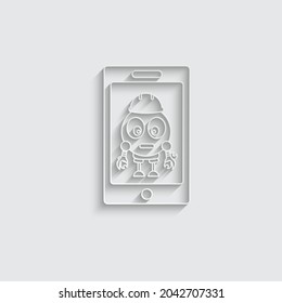 paper mobile phone with robot engineer icon robot with hard hat.  phone repairing sign