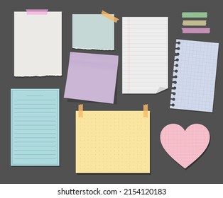 Paper mockup in various shapes and colors illustration set. Heart, drawing, sticker, writing. Vector drawing. Hand drawn style.