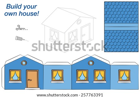 Paper model of a blue house - easy to make. Isolated vector illustration on white background.