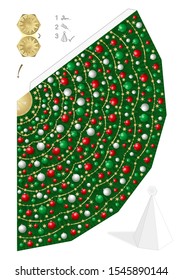 Paper model of christmas tree with red, green and white christmas balls and straw stars. Template to cut out, to fold and glue. Vector illustration on white background.  
