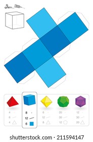 Paper model of a cube or hexahedron, one of five platonic solids, to make a three-dimensional handicraft work out of the blue square net. Below are all five with numbers of vertices, edges and faces. svg