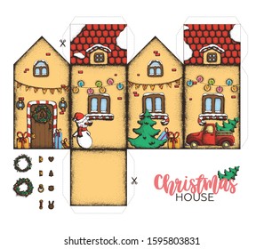 Paper model for cutting and pasting paper Christmas house with candies, Christmas tree, snowman, gifts, wreath and truck. Vector handdrawn dotwork illustration for New Year. Preparation for holiday