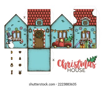 Paper model for cutting and pasting a paper Christmas house with candies, a Christmas tree, gifts, a wreath and a truck. Handdrawn Dotwork vector illustration. Gift for children for the New Year