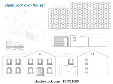 Paper model of a house with garage - easy to make - print it on heavy paper, color it in, cut the pieces out, score and fold them and glue them together as depicted.