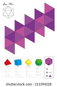 Paper model of an icosahedron, one of the five platonic solids, to make a three-dimensional handicraft work out of the pink triangle net. Below are all five with numbers of vertices, edges and faces.