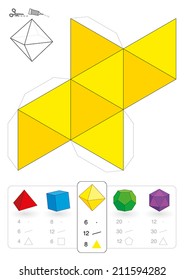 Paper model of an octahedron, one of five platonic solids, to make a three-dimensional handicraft work out of the yellow triangle net. Below are all five with numbers of vertices, edges and faces.