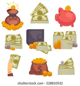 Paper money and money bag. Concept of big money. Vector icon set.