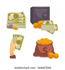 Paper money and money bag. Concept of big money. Vector icon set.