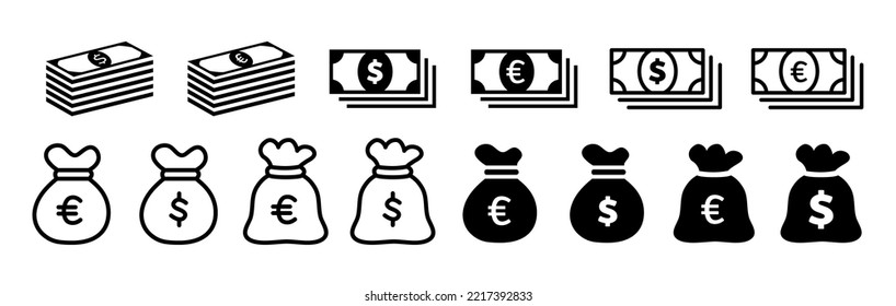 Paper Money  Money Bag with Dollar Euro Sign Vector Illustration. Banking, Finance, Stash, Business Icons