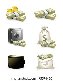 Paper Money And Money Bag. Vector Icon Set