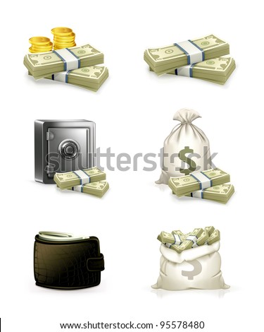 Paper money and money bag. Vector icon set