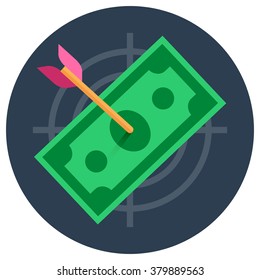 Paper money banknote flat vector illustration target symbol, arrow shooted money target image 